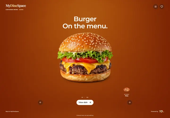 MyDineSpace customer demo on desktop: Burger, On the menu, with dish navigation and View dish action