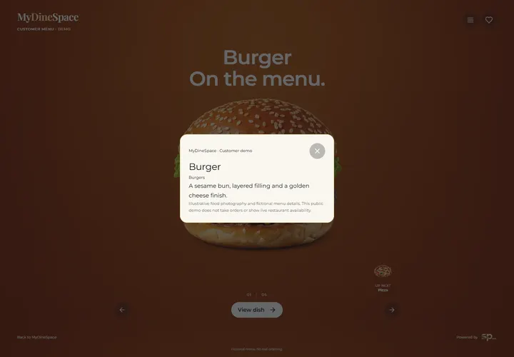 Burger detail panel in the actual MyDineSpace desktop customer demo