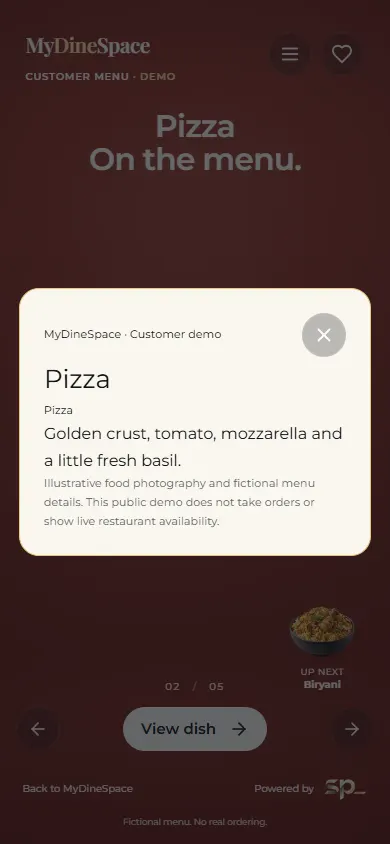 Pizza detail panel in MyDineSpace customer demo on mobile