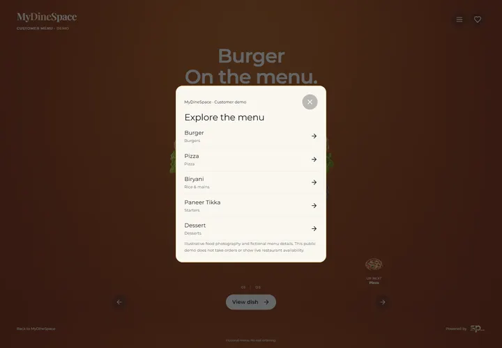 MyDineSpace demo menu panel listing Burger, Pizza, Biryani, Paneer Tikka and Dessert