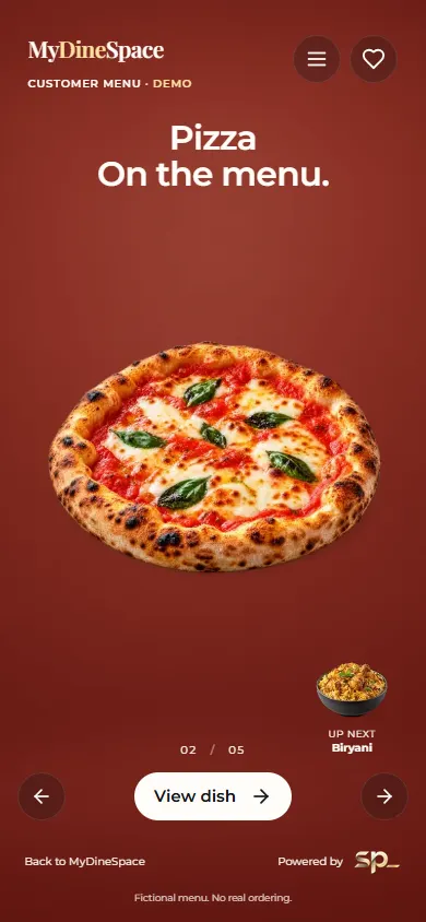 MyDineSpace customer demo at a mobile viewport showing Pizza with dish navigation